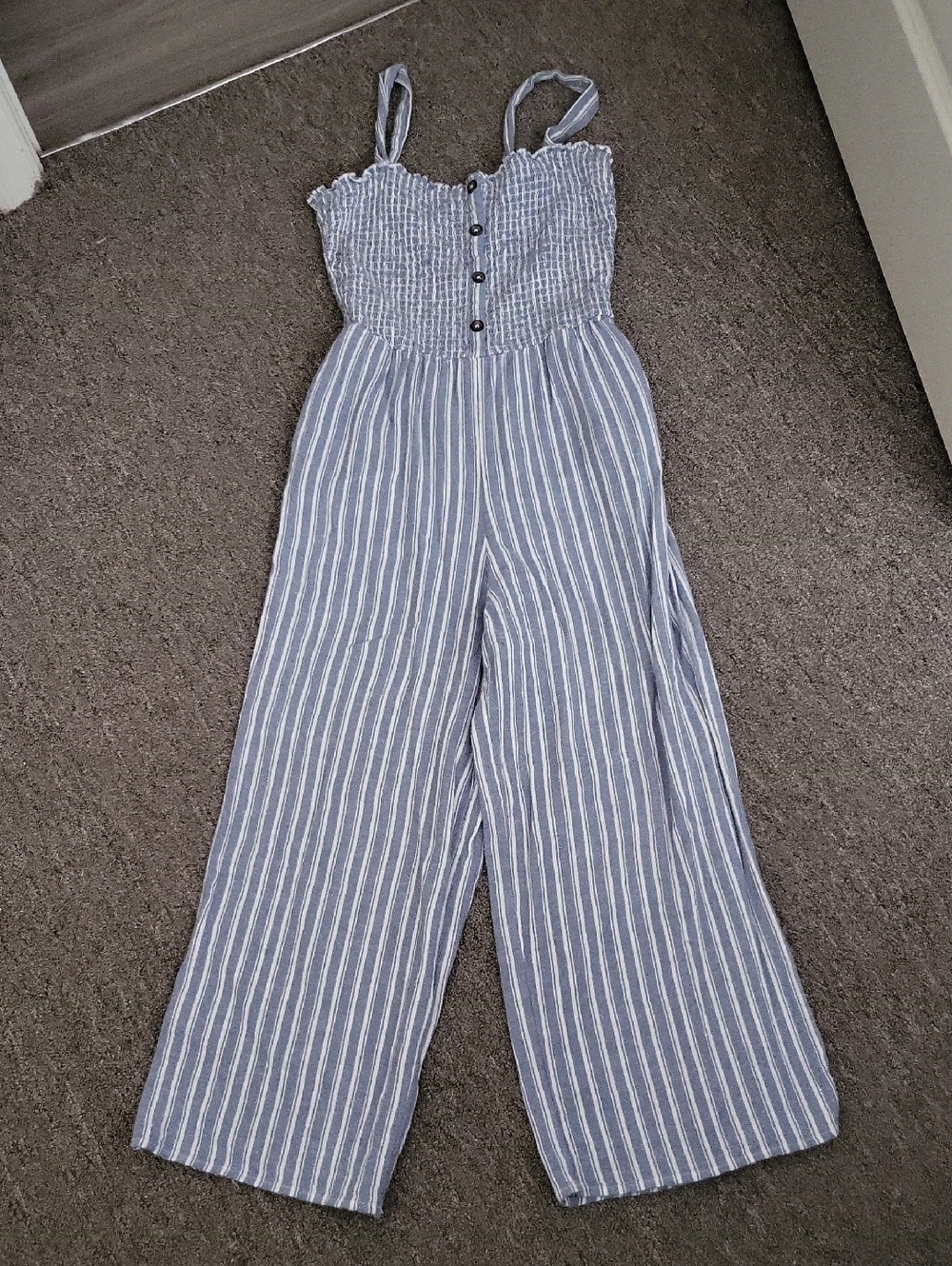 Hollister Blue and White Striped Smocked Wide-Leg Jumpsuit